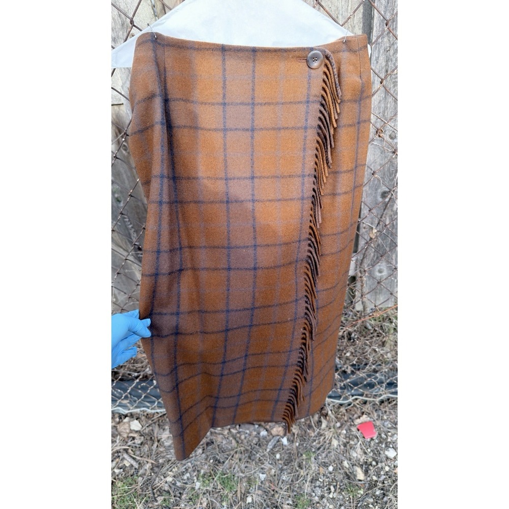 Dana Buchman Wool Skirt Size 10 Brown Plaid Fringe Wrap Style Fall Winter